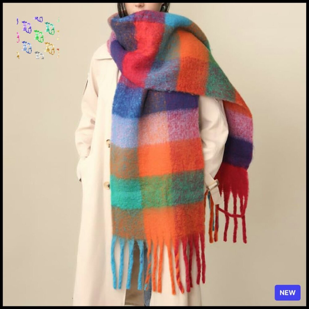 Chunky Knit Oversized Scarf Shawl Warm Winter Plaid Checked Elegant - Picture 3 of 8